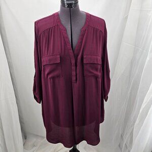 810-2 Torrid Purple/Burgandy Harper ¾ sleeve hi-low Tunic Blouse Size 2 18/20